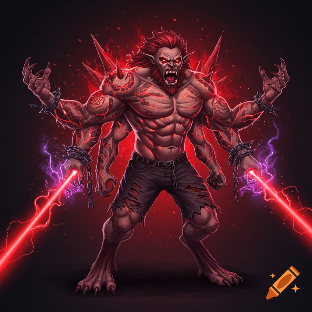 A multi-armed fantasy monster with red skin markings, chains, and glowing energy.
