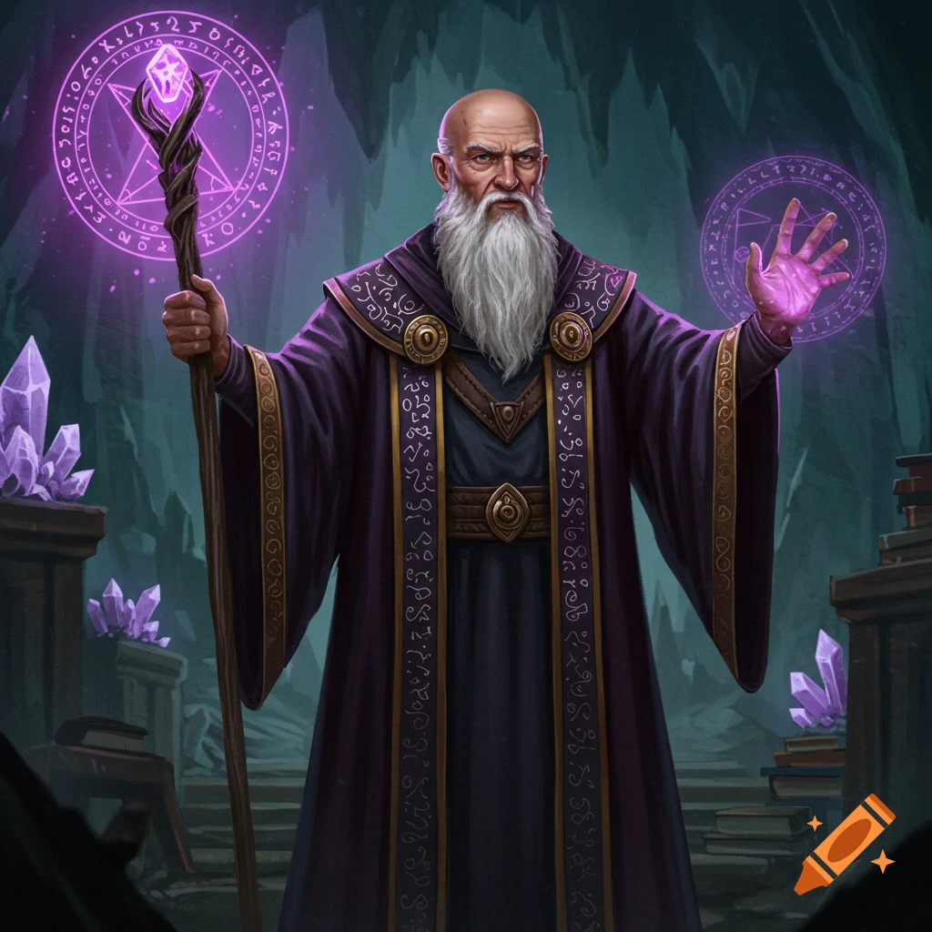 A bald wizard with a white beard and purple robe holds a staff and casts a magic spell surrounded by glowing symbols and crystals in a cave.
