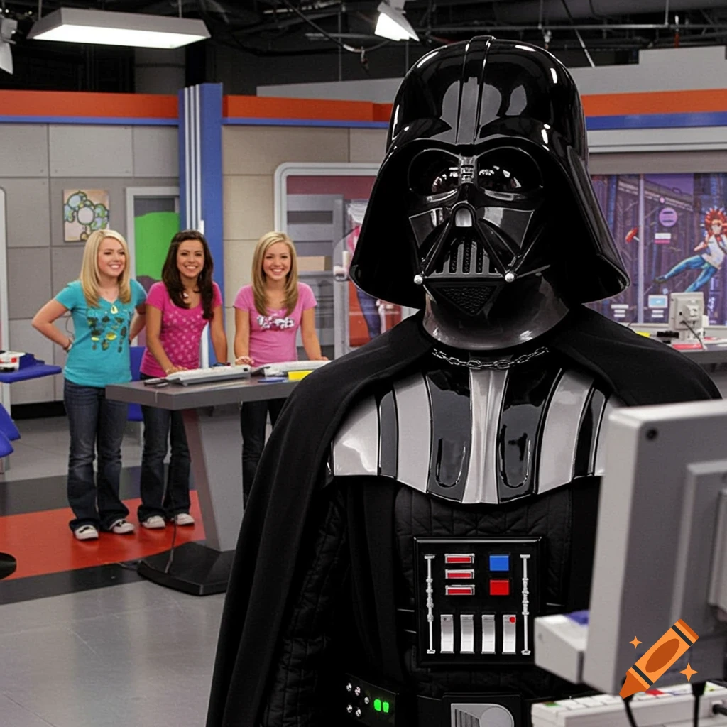 Darth Vader in a TV studio with three young women.