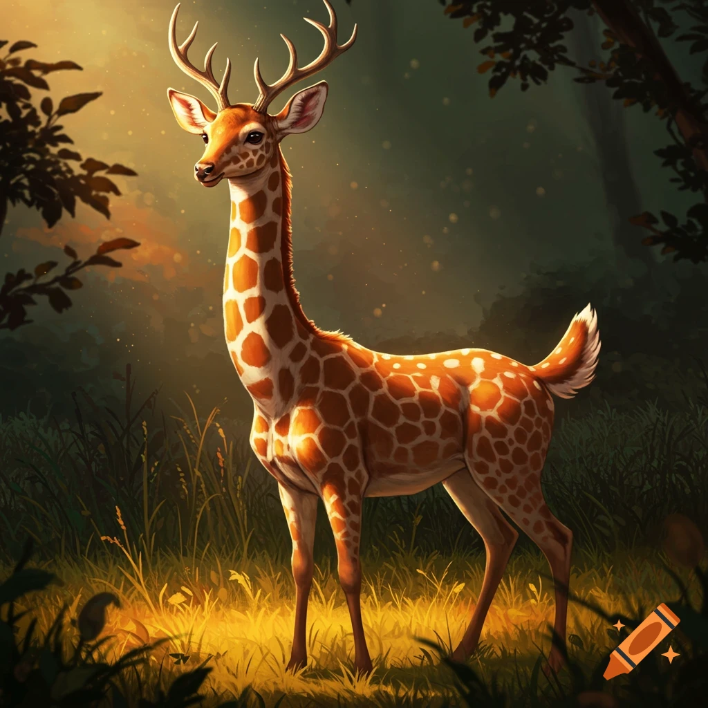 A fantasy deer-giraffe hybrid creature standing in a sunlit forest clearing.