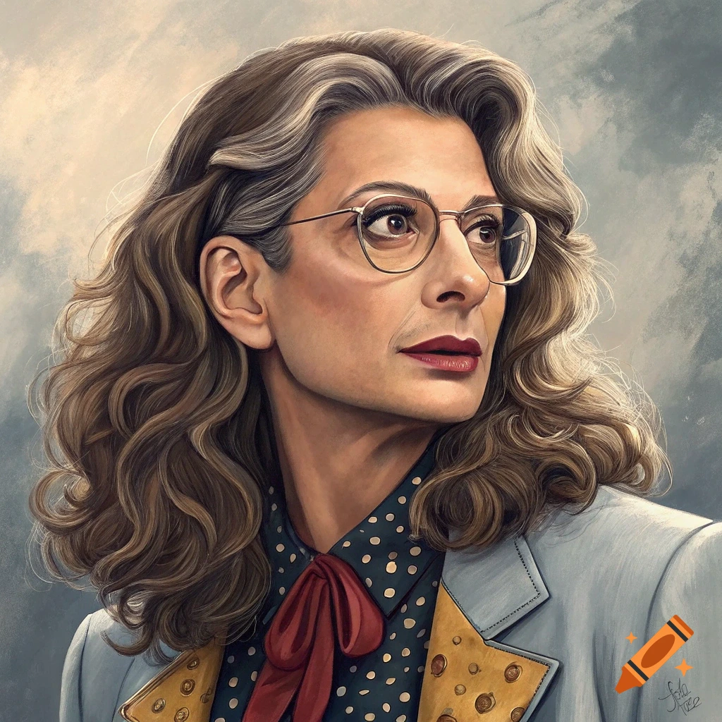 Stylized portrait of a woman with glasses, long curly hair, wearing a patterned shirt and bow.