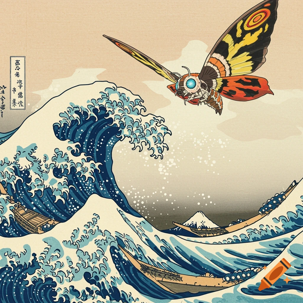 Mothra flying above Hokusai's Great Wave off Kanagawa, with boats in the turbulent sea.
