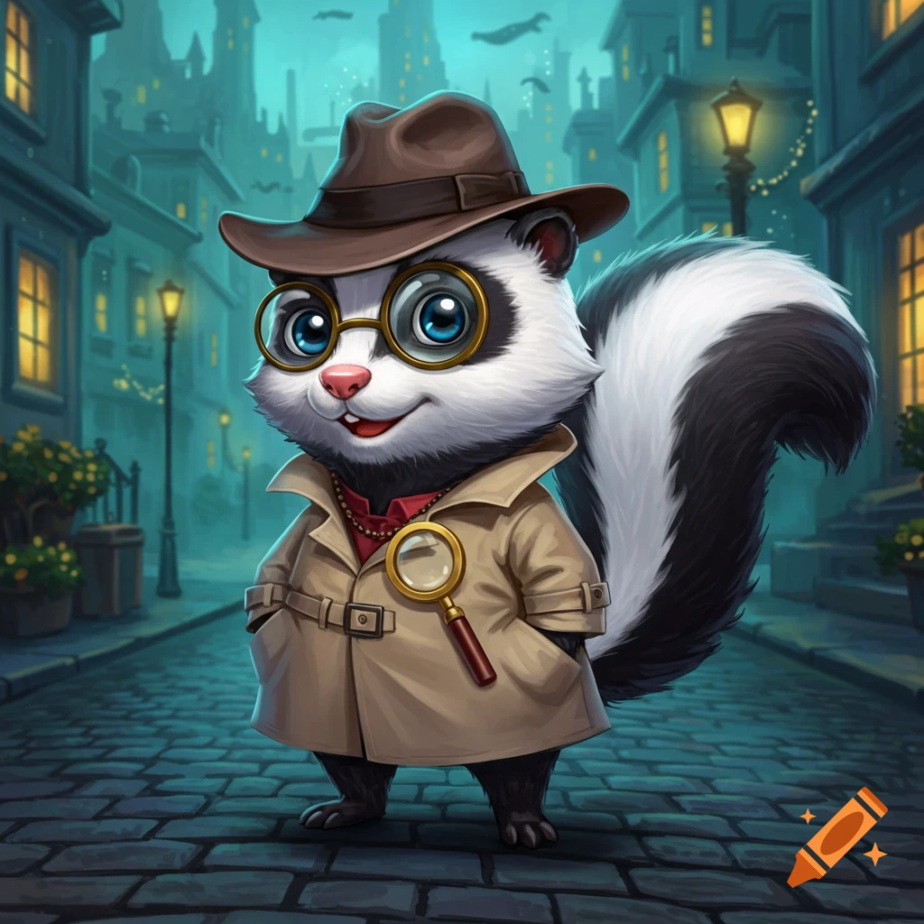 A cute cartoon skunk dressed as a detective with a fedora, trench coat, and magnifying glass on a city street at night.