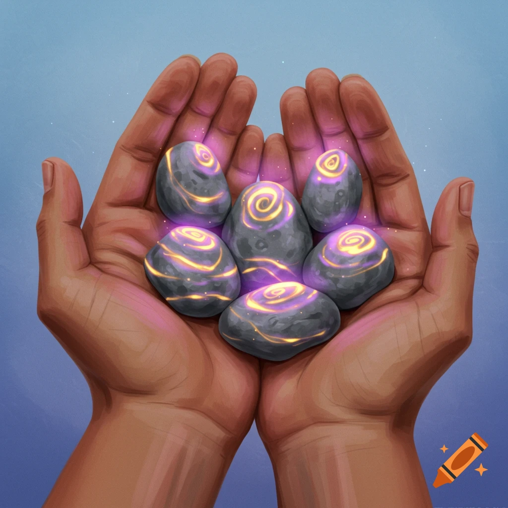 Hands holding stones emitting a magical glow.