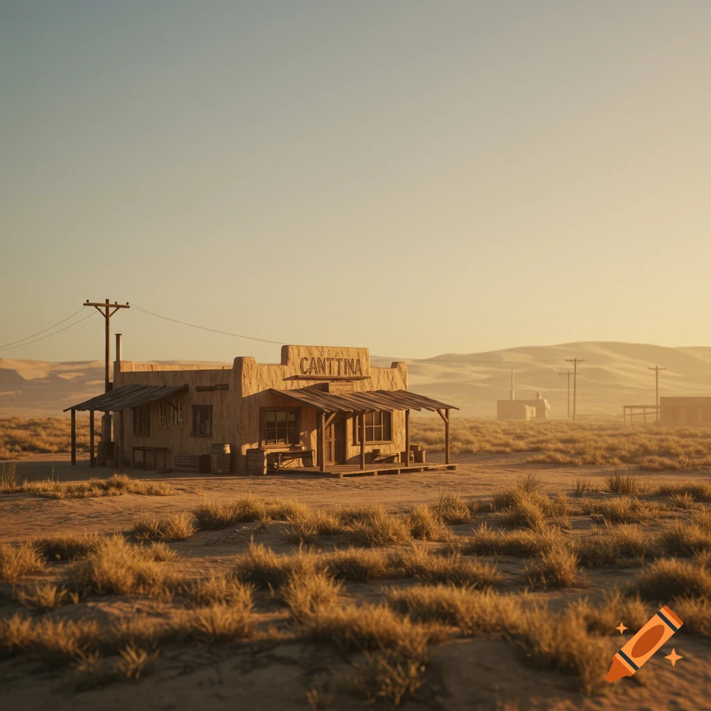 A cantina building stands in a dry desert landscape at sunrise or sunset.