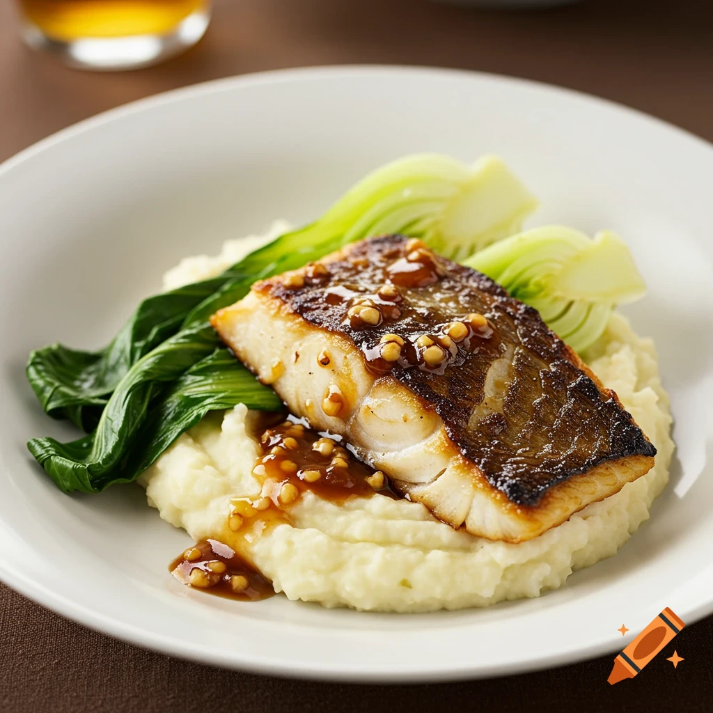 A plate of miso cod on mashed potato with bok choy in a white bowl.