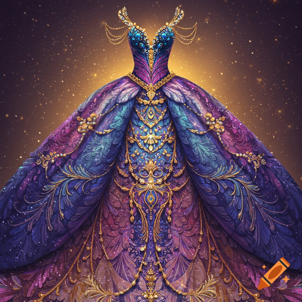 An ornate, colorful ballgown with gold accents against a sparkling background.