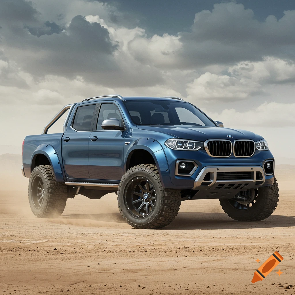 Blue heavy-duty BMW pickup truck driving on sand in a desert.