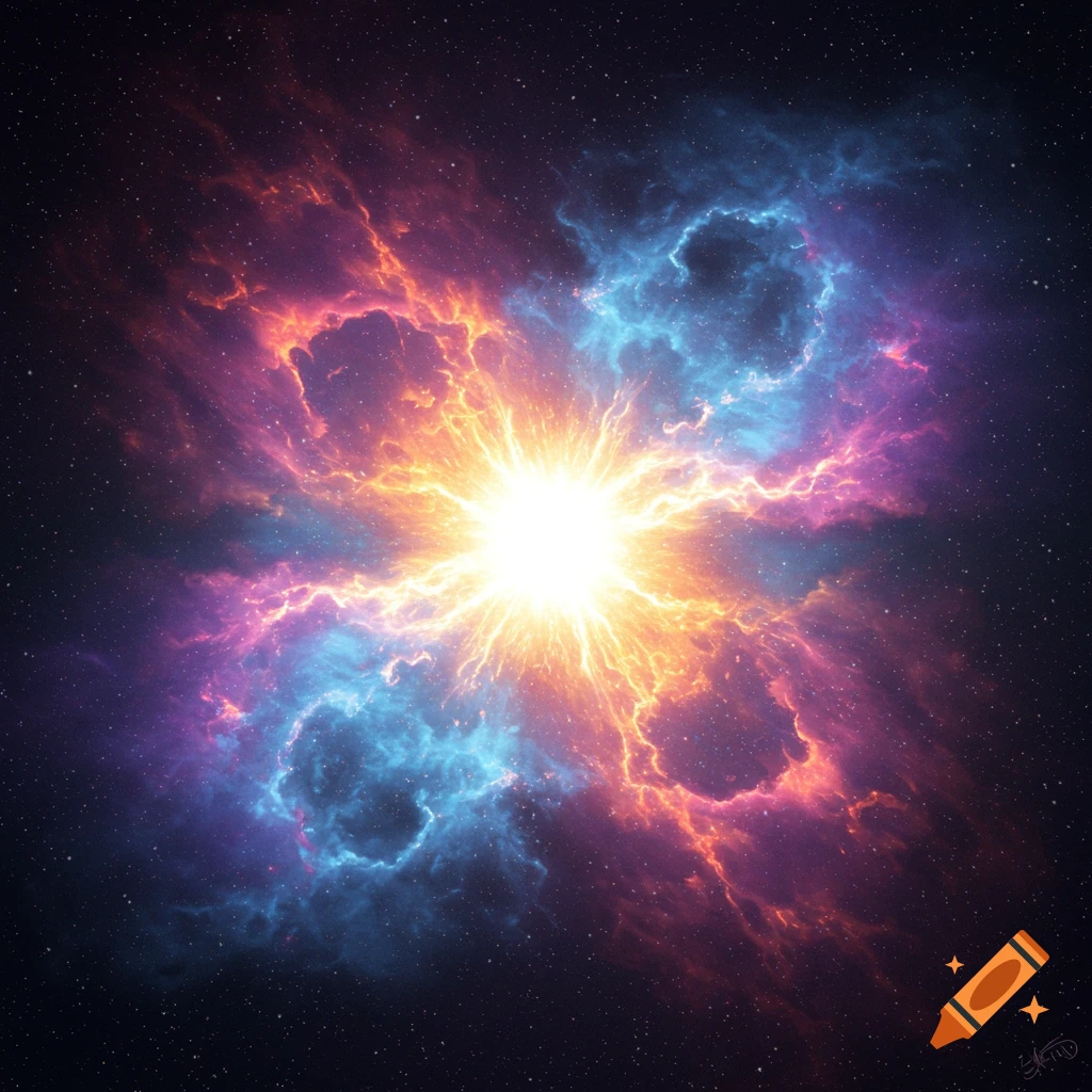 A bright star shedding gas and turning into a colorful nebula surrounded by clouds in space.