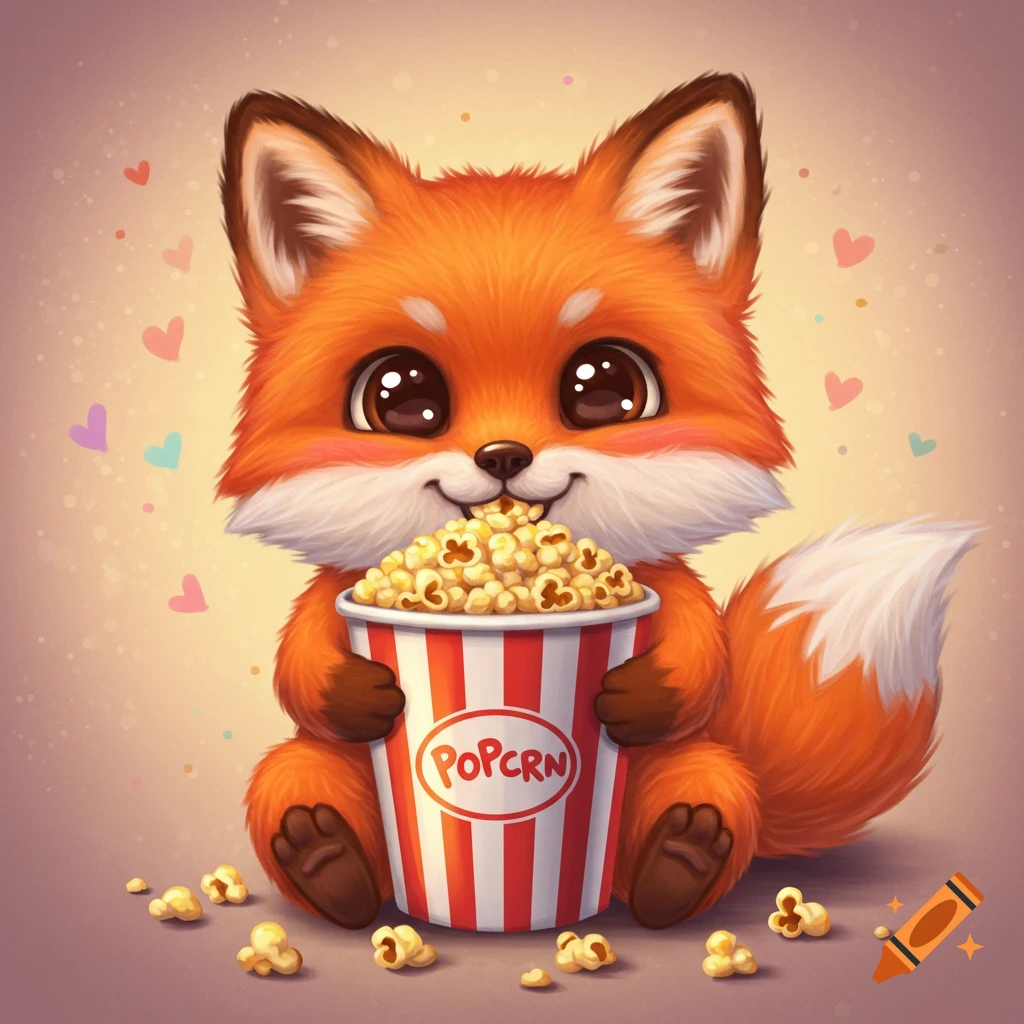 Cute fox eating popcorn from a striped bucket.