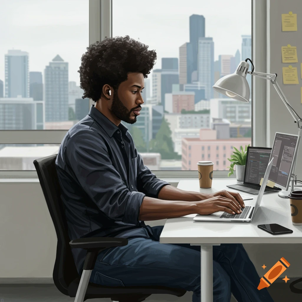 A man with an afro working on a laptop in an office with a city skyline view.