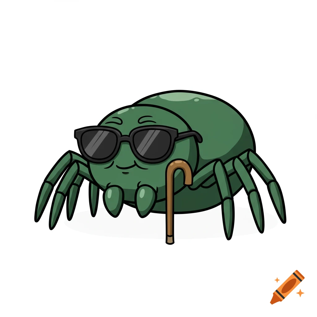 A simple cartoon green spider wearing sunglasses and holding a walking cane.
