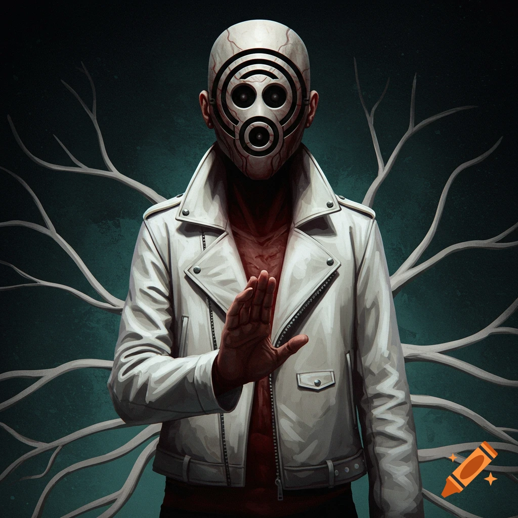 A figure in a white jacket and a mask with concentric circles, holding up a hand.