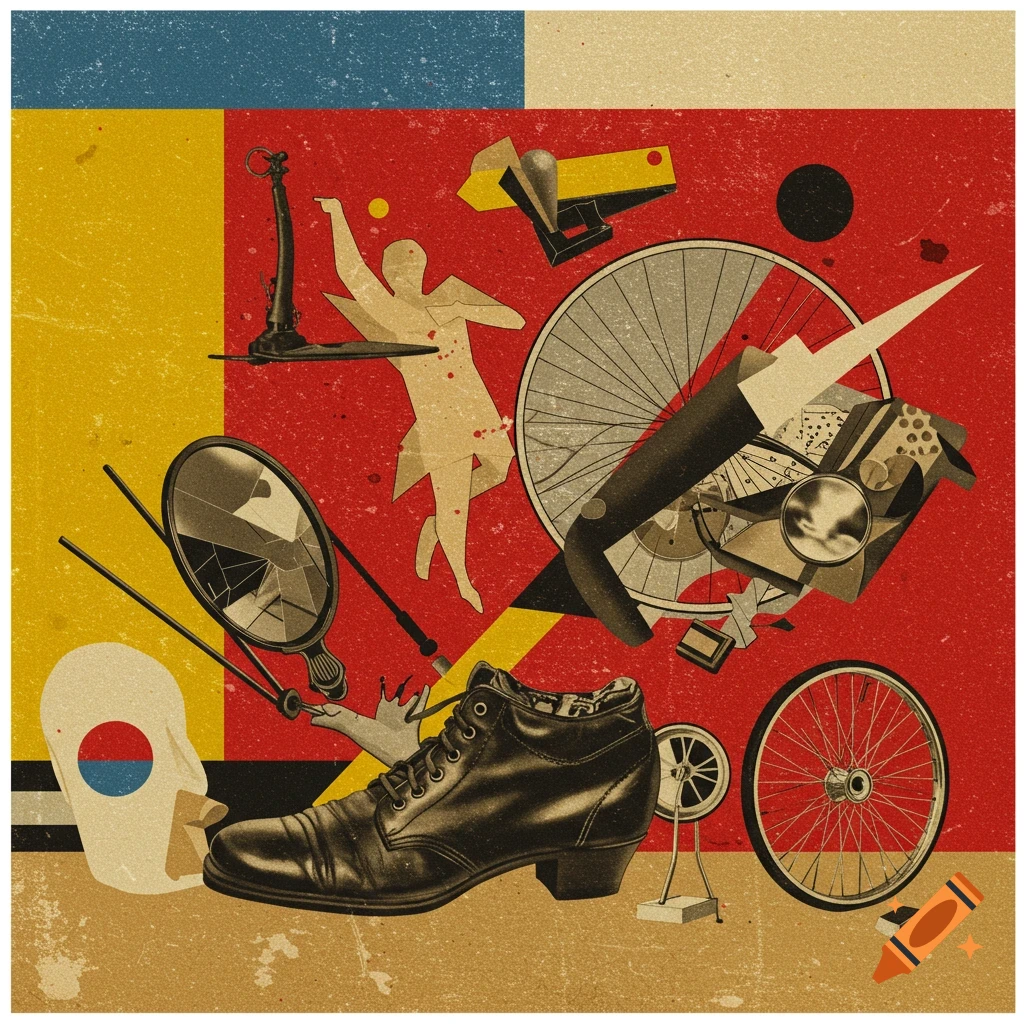 A collage in the style of Russian avant-garde and Dada, featuring a shoe, figure, mirror, and geometric shapes.