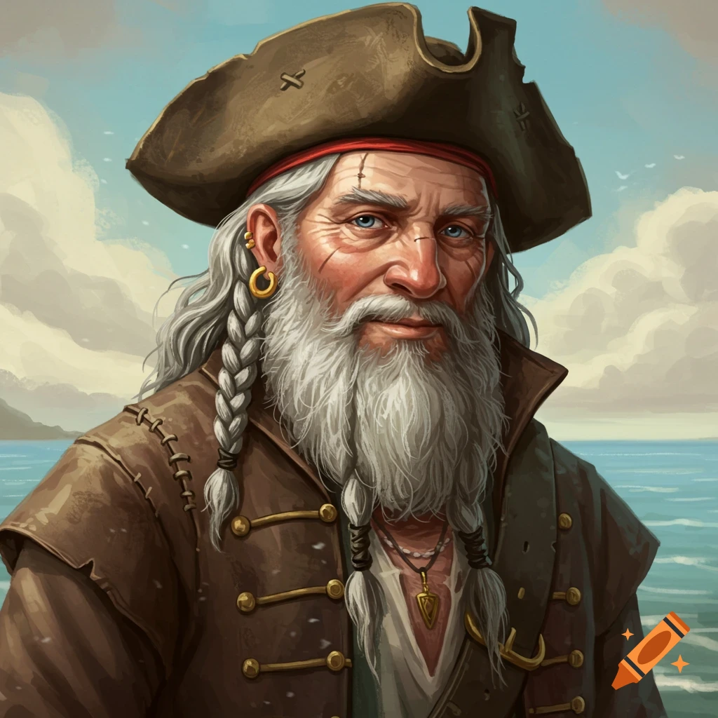 An old pirate with a grey beard and braided hair, wearing a tricorn hat, standing near the sea under a cloudy sky.