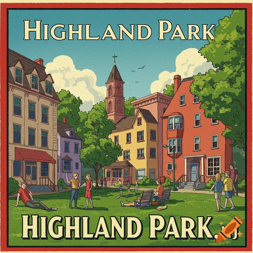 Retro illustration poster of Highland Park, NJ with buildings, trees, and people in a park.