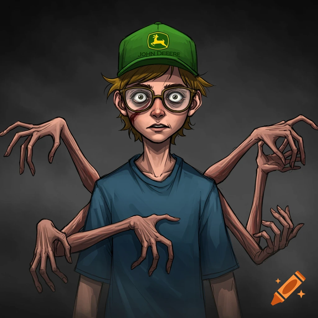 A creepy surreal illustration of a figure with multiple distorted arms, wearing glasses and a John Deere hat.