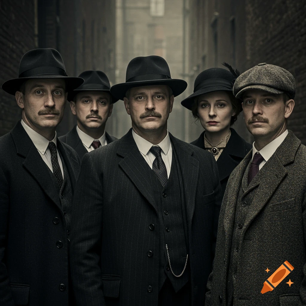 Five people in early 20th-century clothing stand in an alley, portrait style.