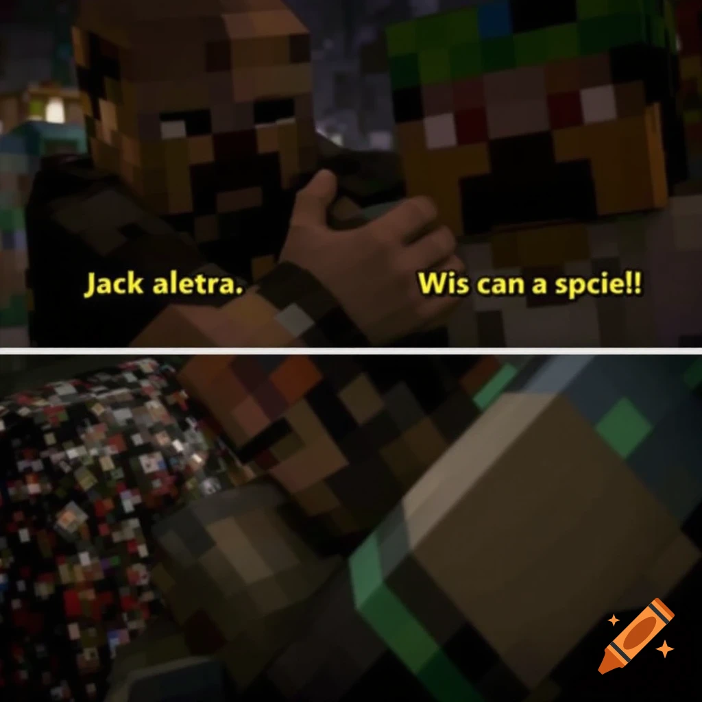 Two blocky Minecraft characters in a scene with yellow text overlays.