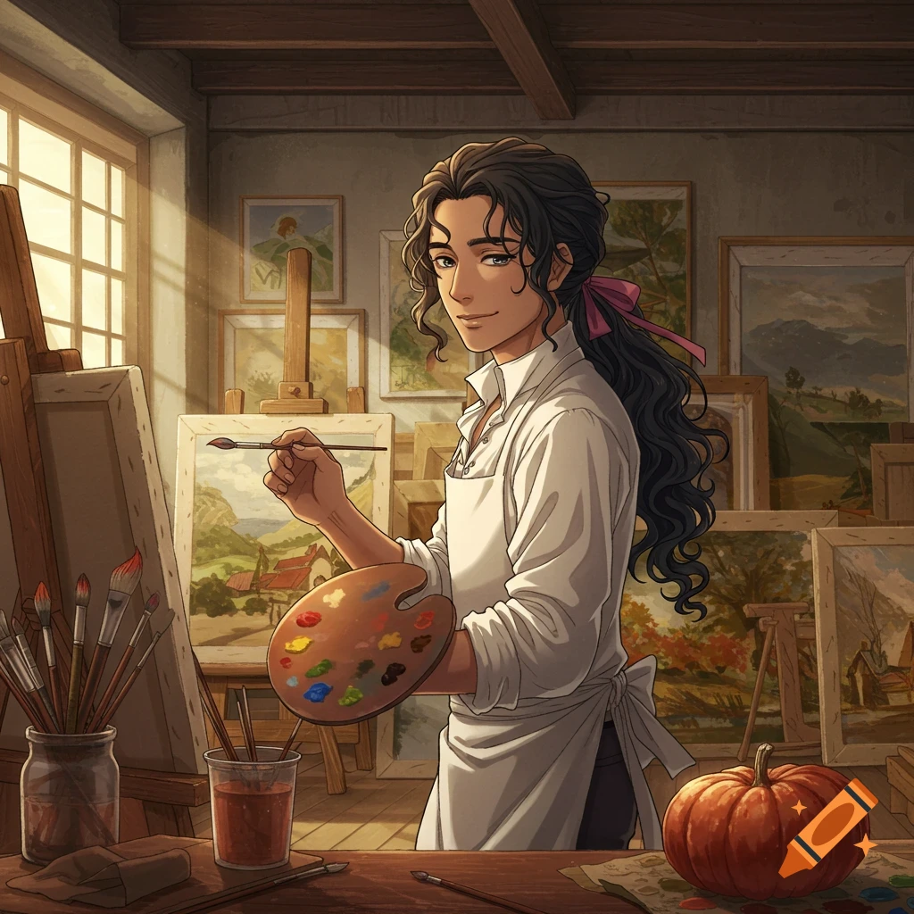 Anime style man painting in an art studio with a palette and brush.