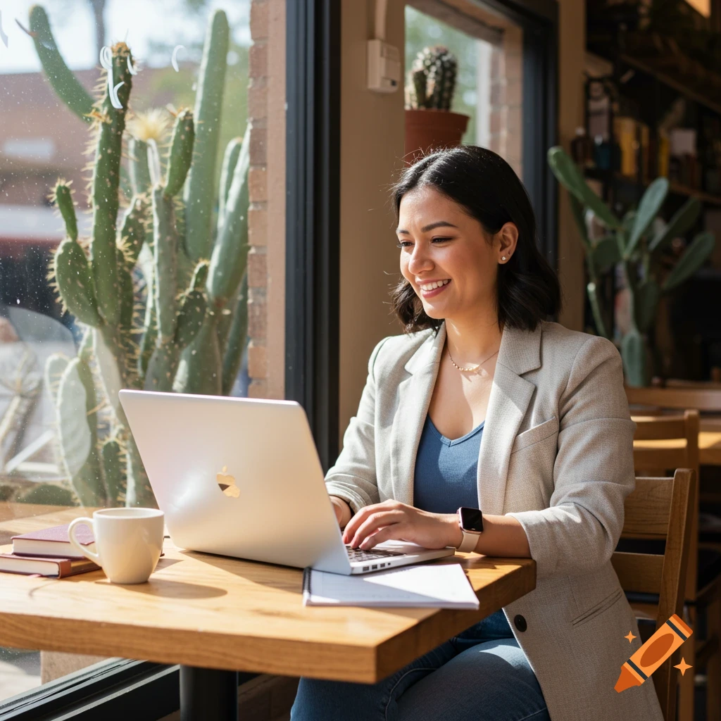 A woman works on a laptop at a table in a cafe with plants outside a window.