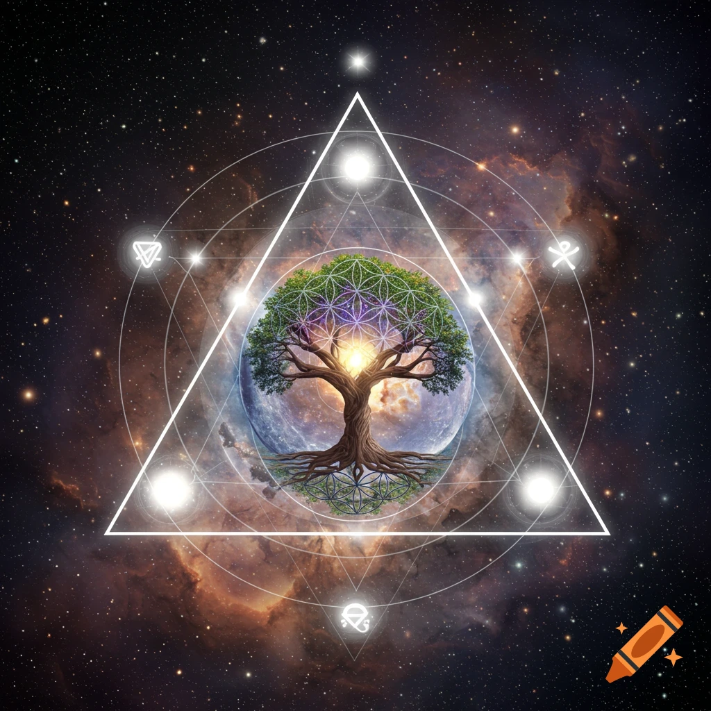 Tree of Life with Flower of Life in a sphere within a luminous triangle, surrounded by symbols and geometry in a nebula.