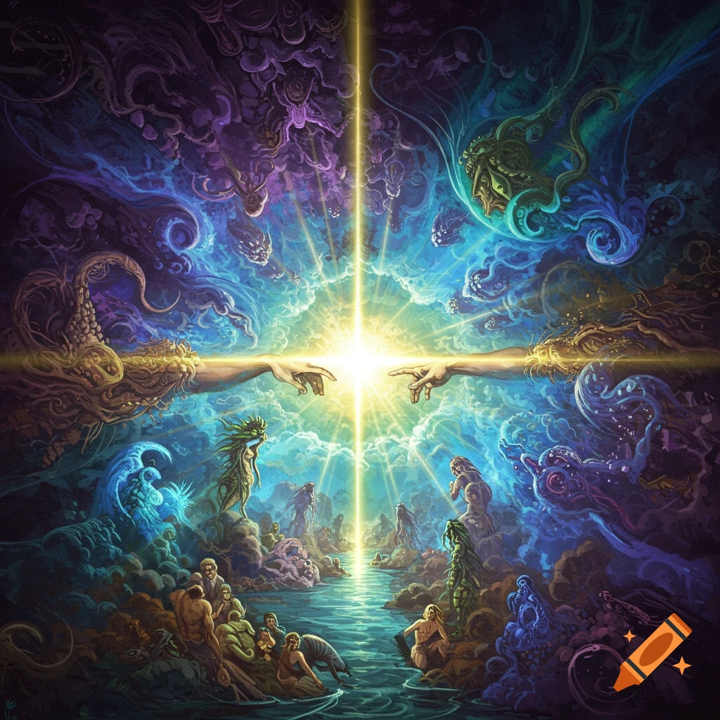 Creation scene with hands touching light, figures below, and cosmic energy.