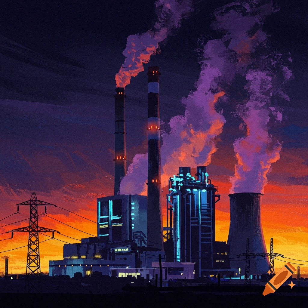 A power plant with tall smokestacks and a cooling tower at sunset.