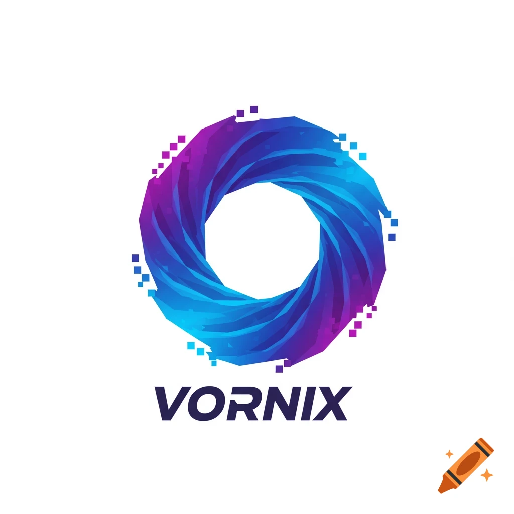 Abstract logo featuring a swirling vortex shape in blue and purple with pixelated elements, with the word "VORNIX" written below.