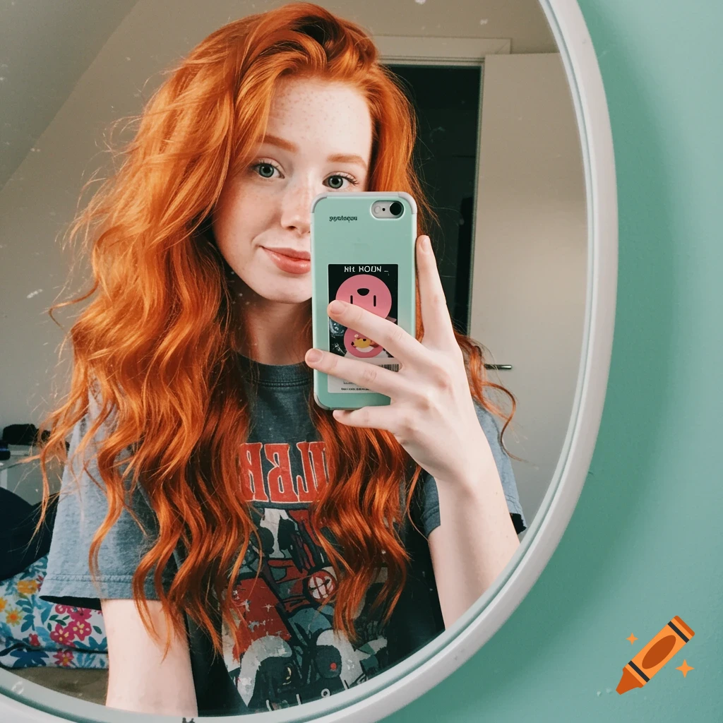 Young woman with red hair takes a mirror selfie holding her phone.