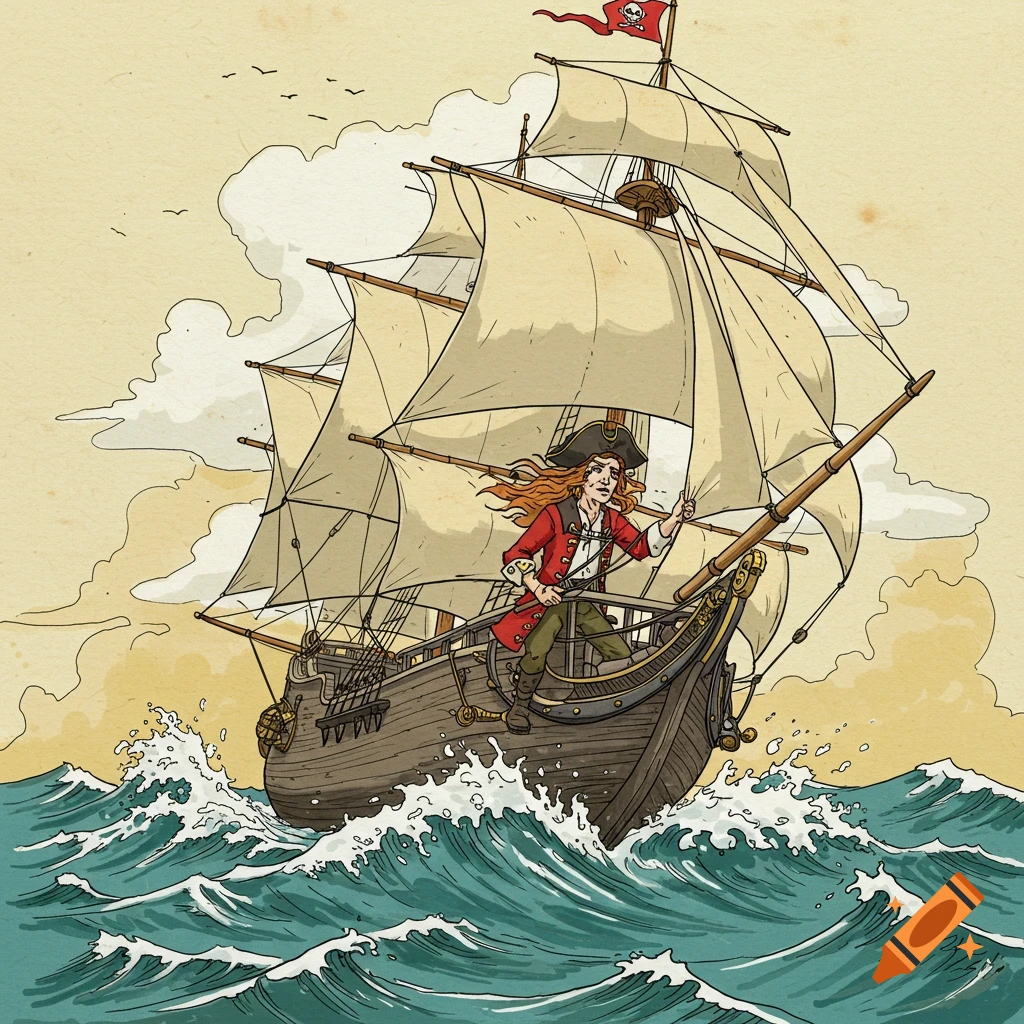 A cartoony illustration of a pirate on a sailing ship in rough seas under a cloudy sky.