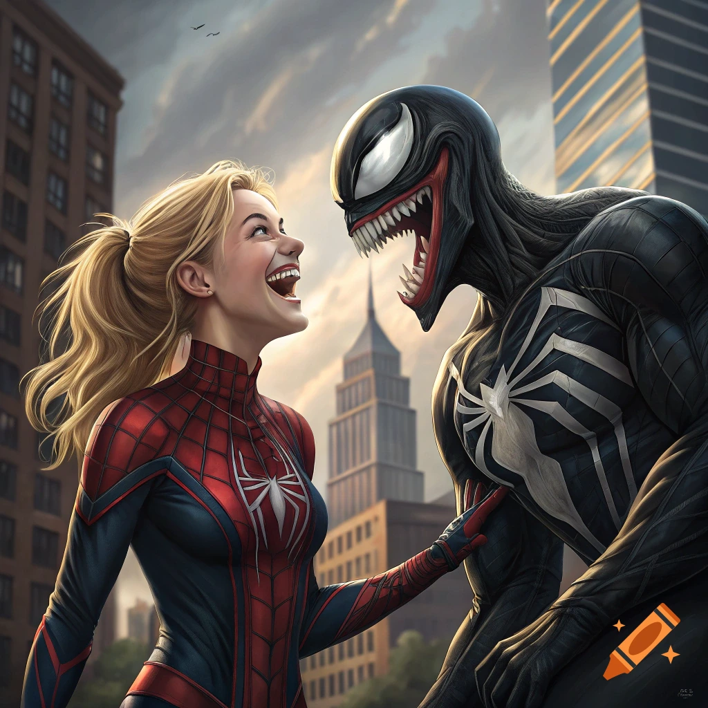 Gwen Stacy in Spider-Woman suit laughing with Venom in a city