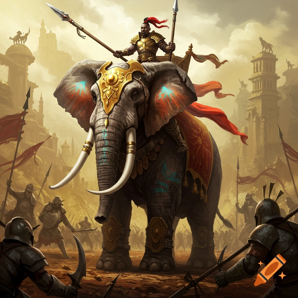 A warrior on an armored elephant leading soldiers into battle.