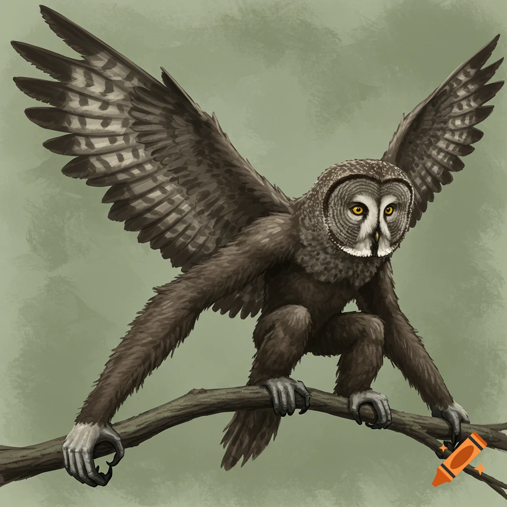 A fantasy creature, a hybrid owl and ape, is perched on a branch with its wings spread.