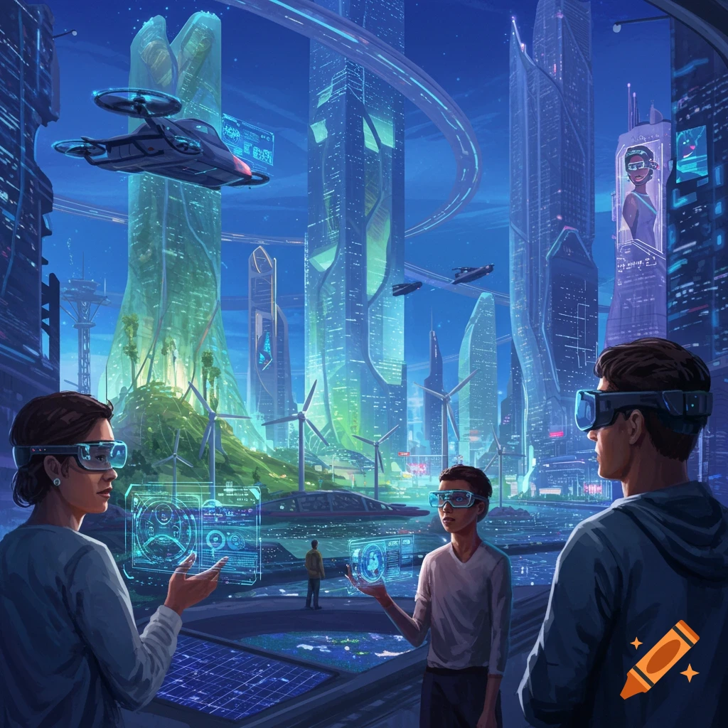 People in VR headsets looking at holographic displays in a futuristic city.