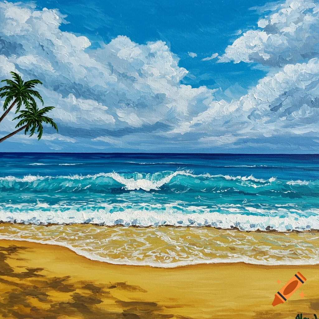 Acrylic painting of a beach scene with waves, palm trees, and clouds.