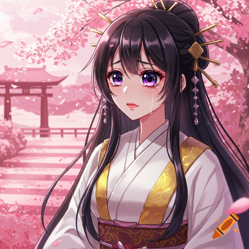 Anime girl crying in traditional Japanese clothing under cherry blossoms.