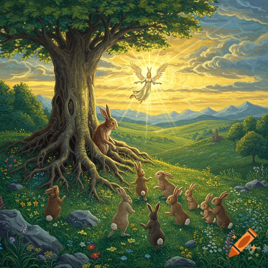 Rabbits are gathered around a large tree, looking up at a glowing winged figure in a sunny sky.