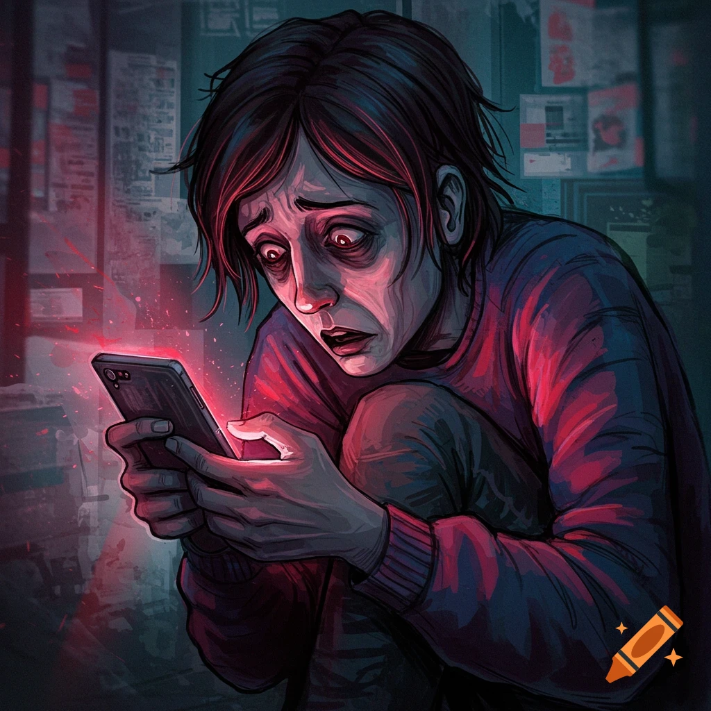 A distressed person is staring at a glowing phone in a dark setting.