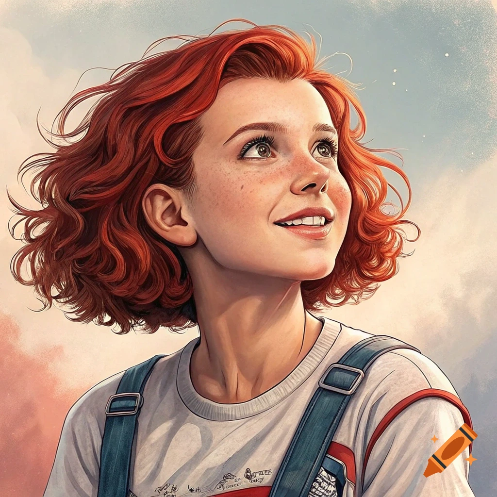 Illustration of a young girl with red hair and freckles looking up at the sky.