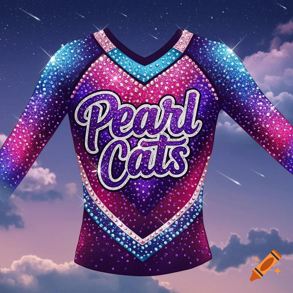 A glittering cheer uniform with 'Pearl Cats' text against a starry sky.