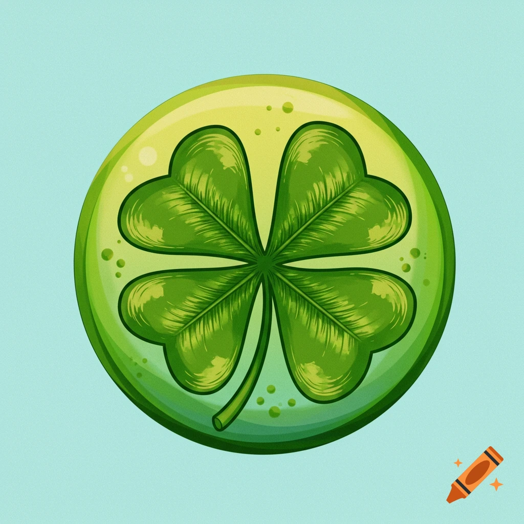 An illustration of a green four-leaf clover inside a green circle on a light blue background.