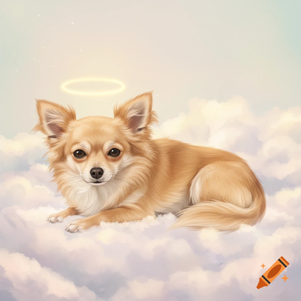 A long-haired chihuahua with a halo lying on clouds.