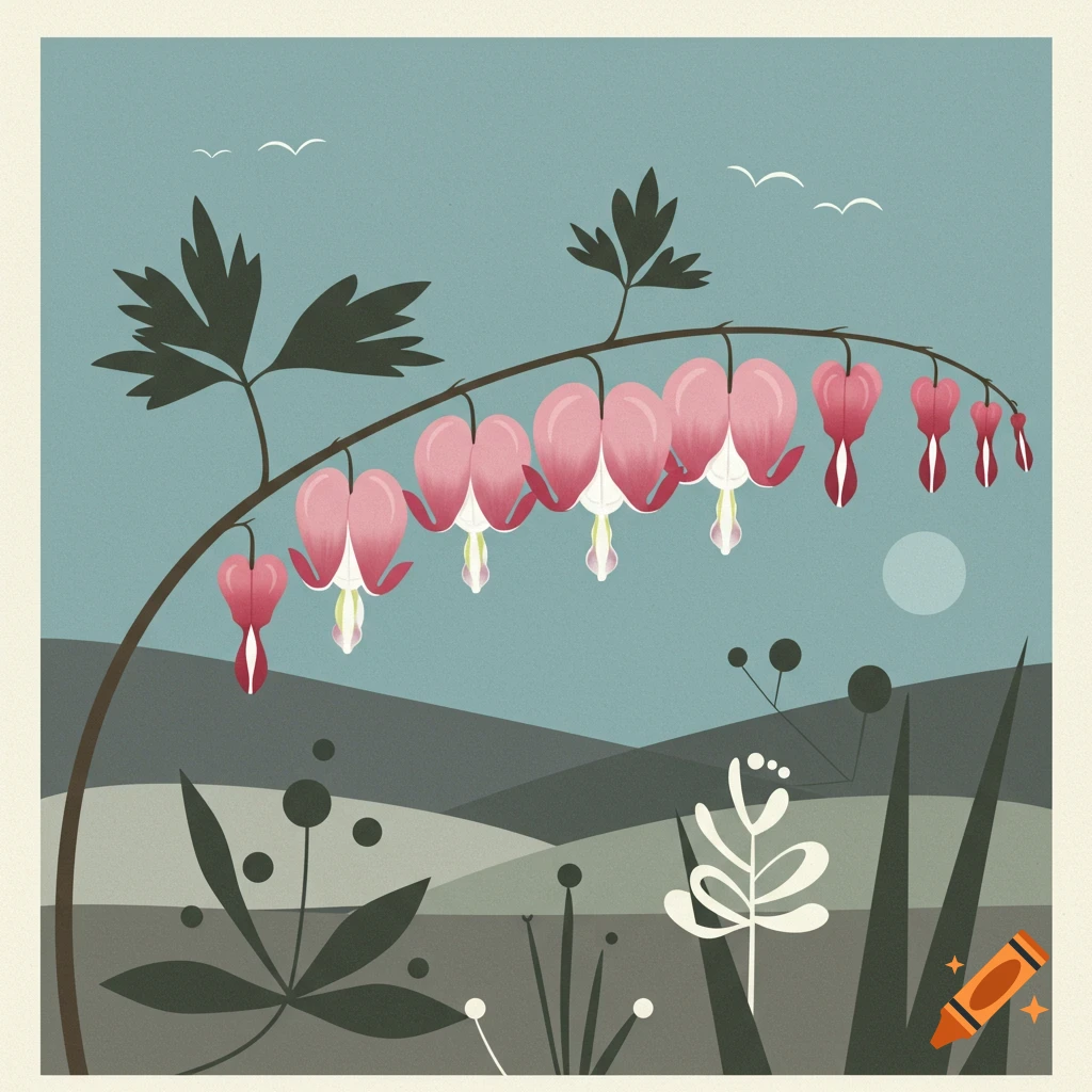 Stylized illustration of pink bleeding heart flowers over a landscape.