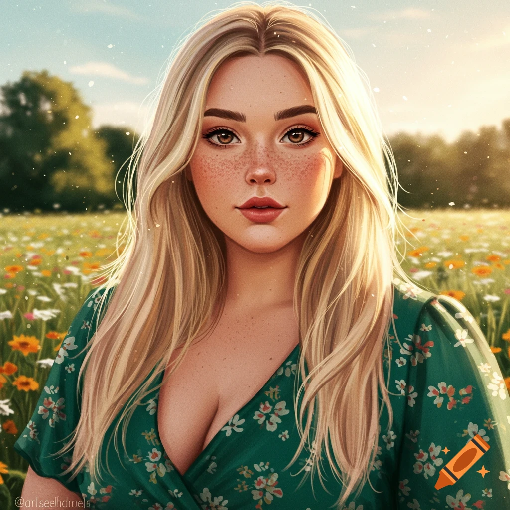 Portrait of a blonde woman with freckles in a flower field.