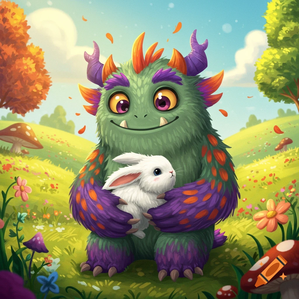 A green monster with purple and orange fur holds a white bunny in a colorful field with flowers and mushrooms.