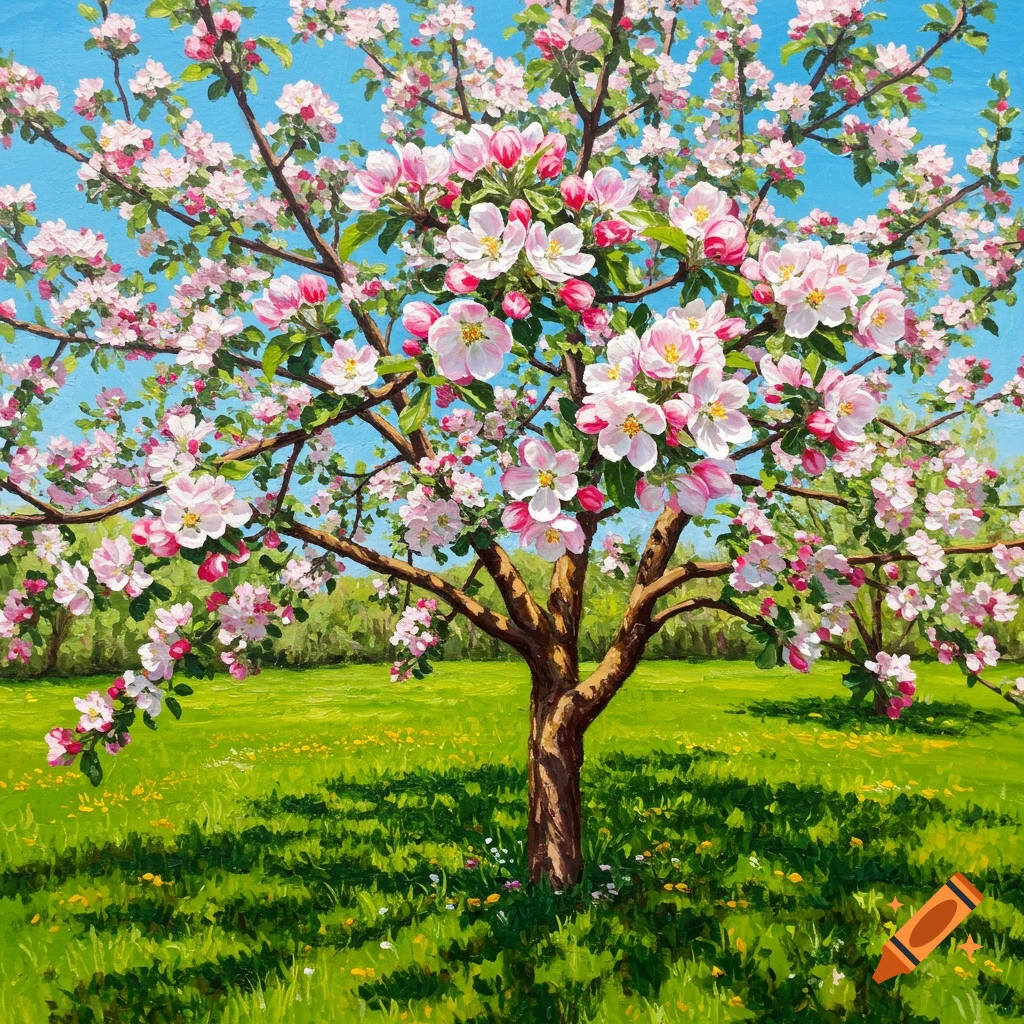 A vibrant pink and white blooming apple tree stands in a green field under a blue sky.