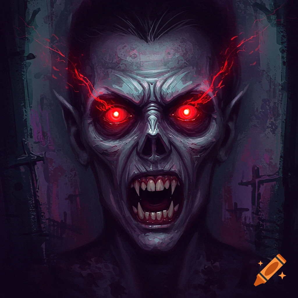 A scary monster face with glowing red eyes and fangs in a dark style.