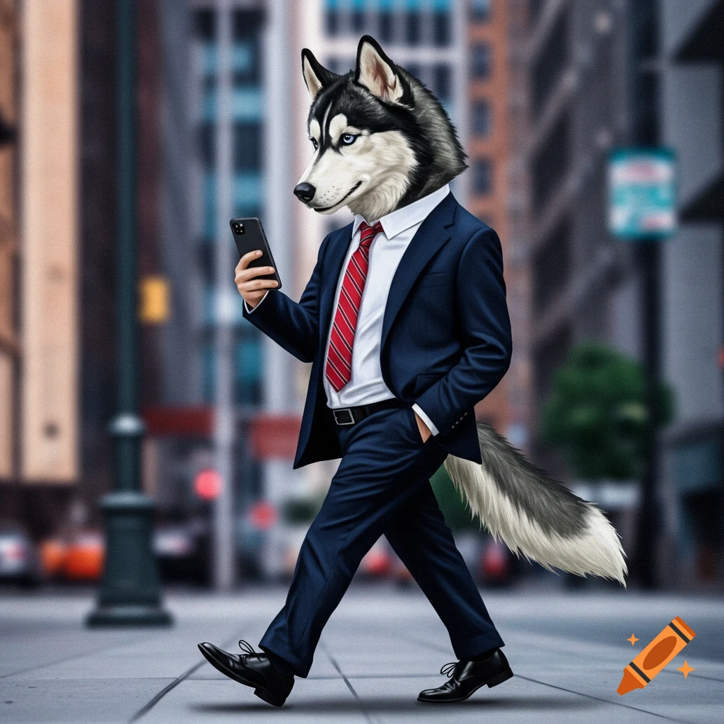 A husky in a suit walks down a city street looking at a phone.