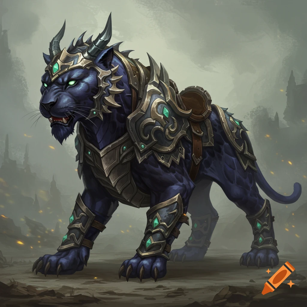 A black panther wearing elaborate fantasy armor and horns.